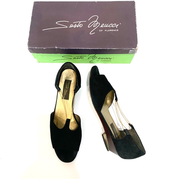 Sesto Meucci Vintage Black Suede Ballet Flats Gold Chain Gold Metal Heel D’orsay - Picture 15 of 15